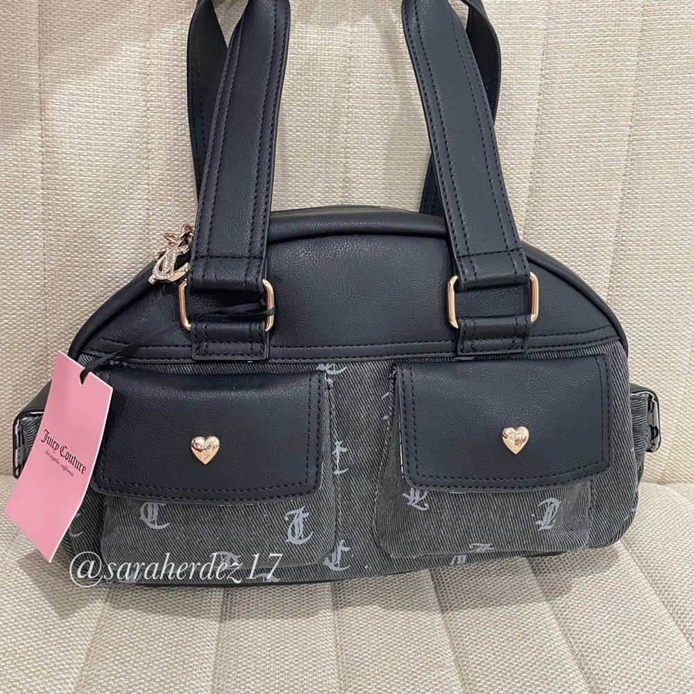 NEW Juicy Couture Black Grey Monogram Bowler Bag Heart Studs Rhinestone Charm